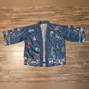 Johnny Was Embroidered Cropped Kimono Denim Workshop Ocean Nautical Octopuss